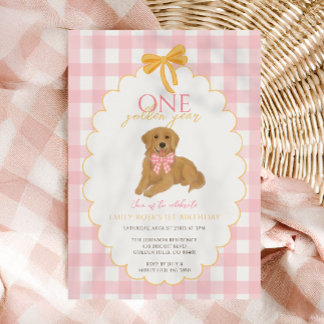 Pink Golden Retriever First Birthday Party Invitation