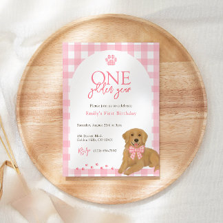Pink Golden Retriever One Golden Year birthday Invitation