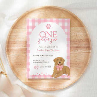 Pink Golden Retriever One Golden Year birthday Invitation