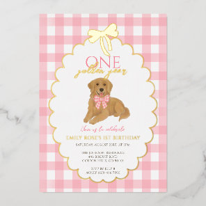 Pink Golden Retriever Puppy Pawty 1st Birthday Foil Invitation