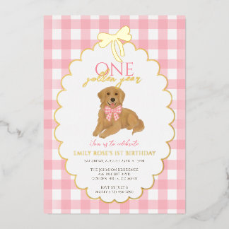 Pink Golden Retriever Puppy Pawty 1st Birthday Foil Invitation