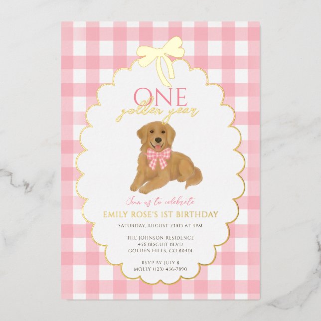 Pink Golden Retriever Puppy Pawty 1st Birthday Foil Invitation (Front)