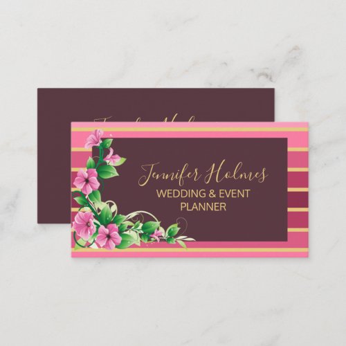 Pink Golden Stripes Lines Floral Business Card