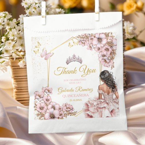 Pink Golden Tiara Butterfly Quinceañera  Favor Bag