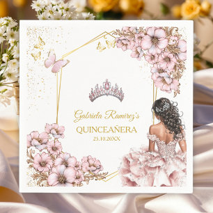 Pink Golden Tiara Butterfly Quinceañera Napkins