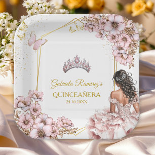 Pink Golden Tiara Butterfly Quinceañera Paper Plates