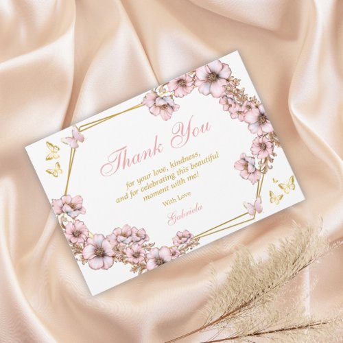 Pink Golden Tiara Butterfly Quinceañera Thank You Card