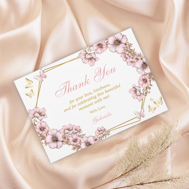 Pink Golden Tiara Butterfly Quinceañera Thank You Card (Creator Uploaded)