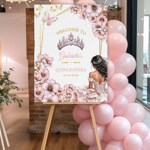 Pink Golden Tiara Butterfly  Quinceañera Welcome  Foam Board