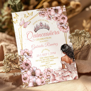 Pink Golden Tiara Floral Butterfly Quinceañera Invitation