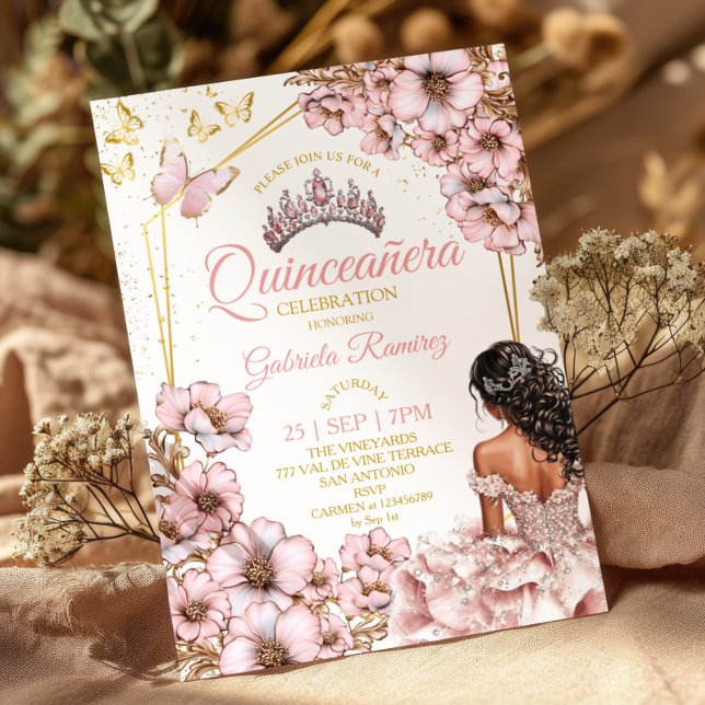 Pink Golden Tiara Floral Butterfly Quinceañera Invitation (Creator Uploaded)