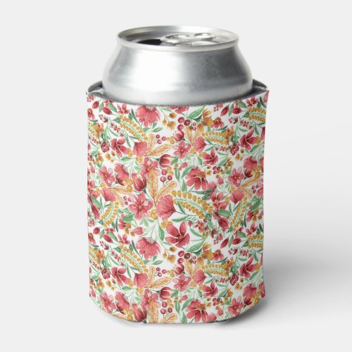Pink Golden Yellow White Watercolor Floral Pattern Can Cooler