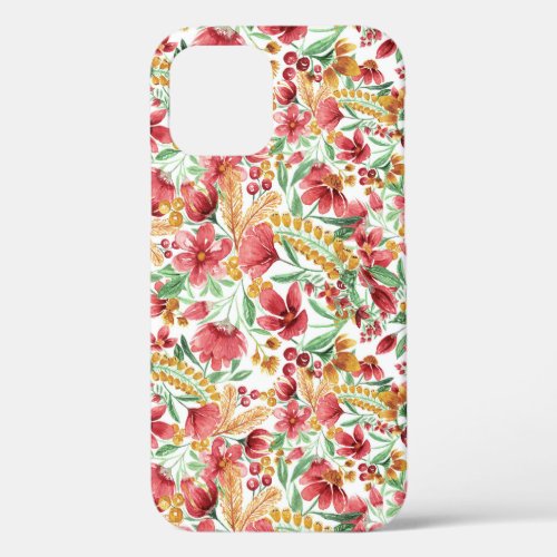 Pink Golden Yellow White Watercolor Floral Pattern iPhone 12 Case