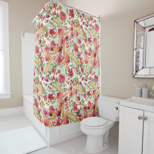 Pink Golden Yellow White Watercolor Floral Pattern Shower Curtain
