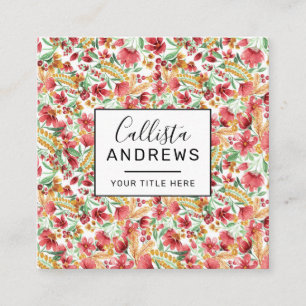 Pink Golden Yellow White Watercolor Floral Pattern Square Business Card