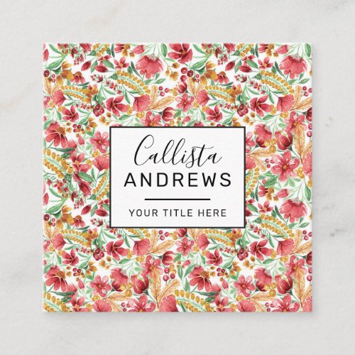 Pink Golden Yellow White Watercolor Floral Pattern Square Business Card
