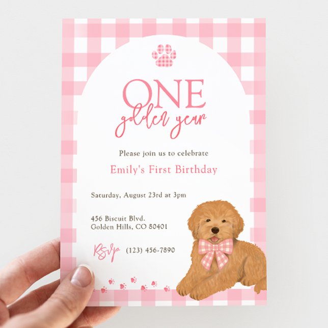 Pink Goldendoodle Dog One Golden Year birthday Invitation (Creator Uploaded)