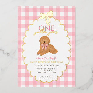 Pink Goldendoodle Puppy Dog Pawty 1st Birthday Foil Invitation