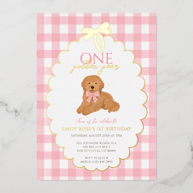 Pink Goldendoodle Puppy Dog Pawty 1st Birthday Foil Invitation (Front)