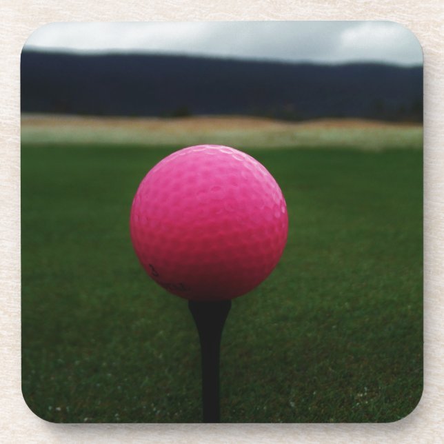 Pink Golf Ball on a mountain golf course Beverage Coaster (Front)