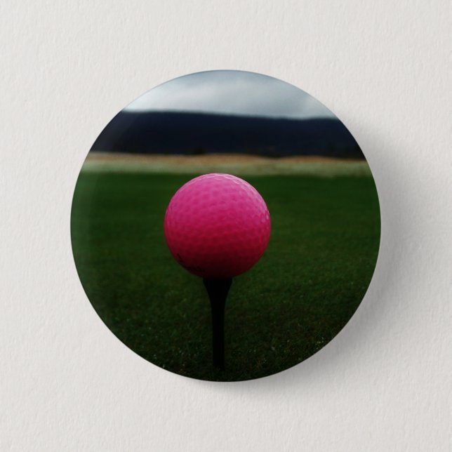 Pink Golf Ball on a mountain golf course Button (Front)