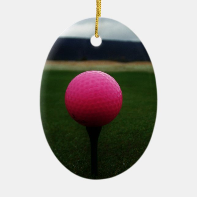 Pink Golf Ball on a mountain golf course Ceramic Ornament (Front)