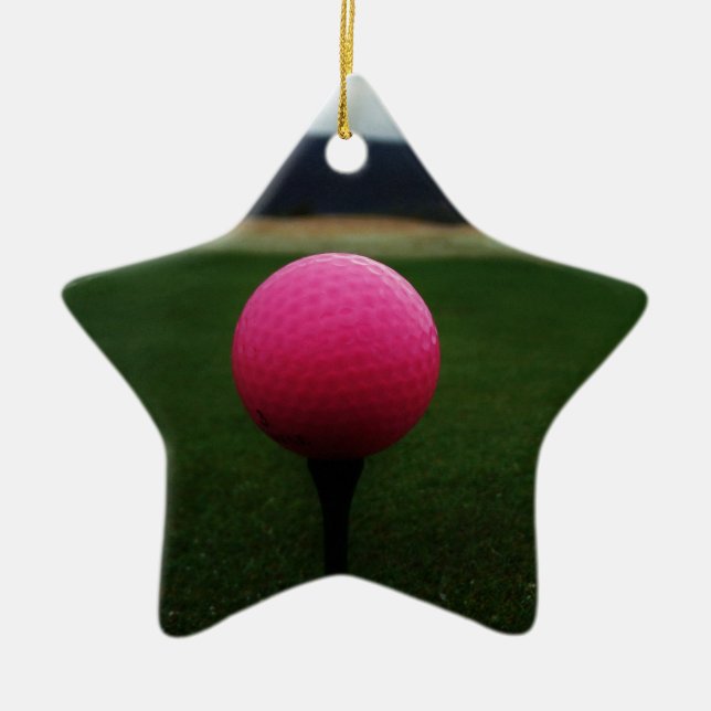 Pink Golf Ball on a mountain golf course Ceramic Ornament (Front)