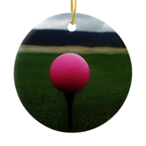 Pink Golf Ball on a mountain golf course Ceramic Ornament