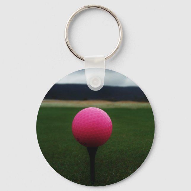 Pink Golf Ball on a mountain golf course Keychain (Front)