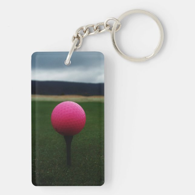 Pink Golf Ball on a mountain golf course Keychain (Back)