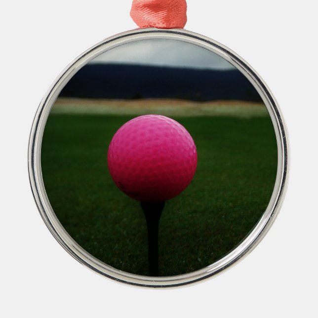 Pink Golf Ball on a mountain golf course Metal Ornament (Front)