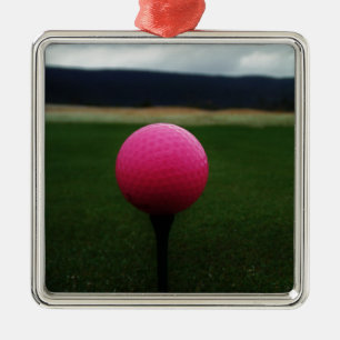 Pink Golf Ball on a mountain golf course Metal Ornament