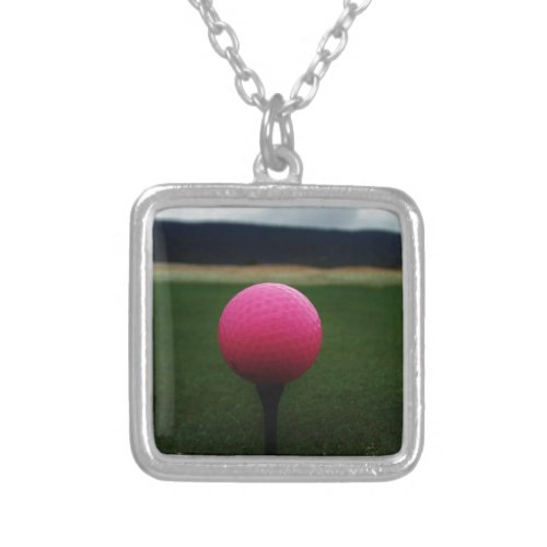 Pink Golf Ball on a mountain golf course Silver Plated Necklace