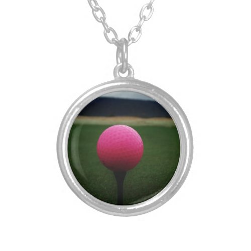 Pink Golf Ball on a mountain golf course Silver Plated Necklace