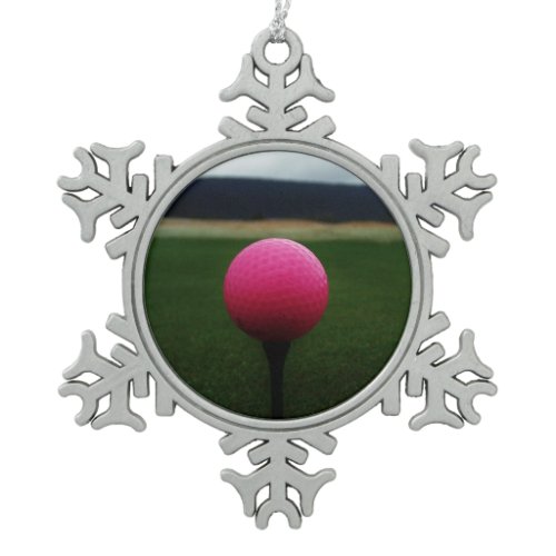 Pink Golf Ball on a mountain golf course Snowflake Pewter Christmas Ornament
