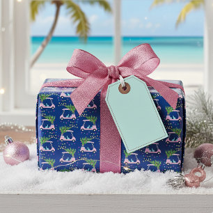 Pink Golf Cart Christmas Tree Blue Wrapping Paper