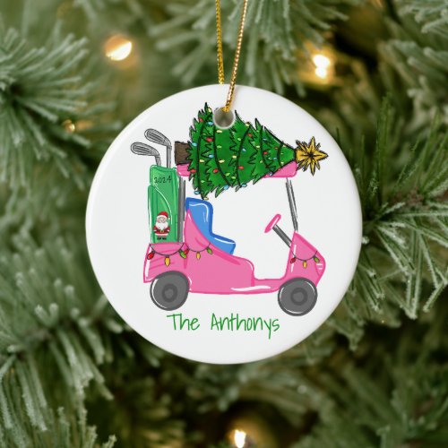 Pink Golf Cart Christmas Tree &amp; Santa Golf Bag Ceramic Ornament