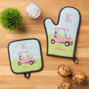 Pink Golf Cart Clubs Monogram Name  Oven Mitt & Pot Holder Set