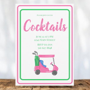 Pink Golf Cart Cocktail Party / Preppy Pink Green Invitation