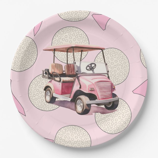 Pink golf cart for woman player paper plates (Front)
