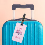 Pink golf cart name script luggage tag<br><div class="desc">Personalize and add your monogram letters,  initials.    Pink background. Decorated with a pink golf cart with a girly bow.  White text,  hand lettered style script.</div>