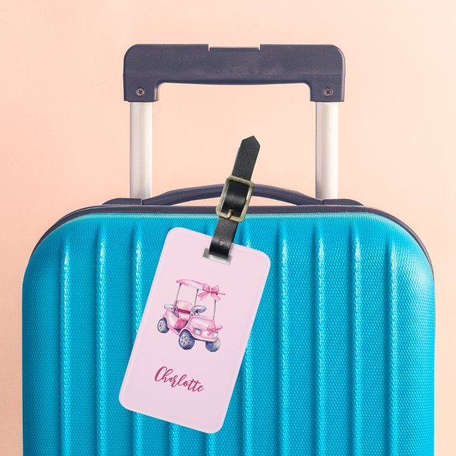 Pink golf cart name script luggage tag (Creator Uploaded)