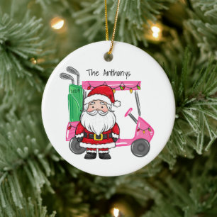 Pink Golf Cart Santa Personalized Christmas  Ceramic Ornament
