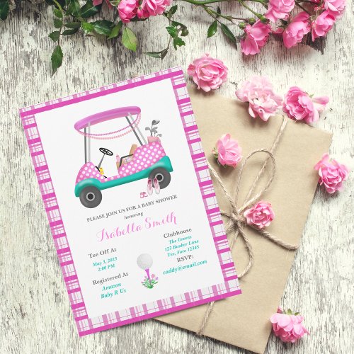 Pink Golf Cart With Baby Supplies Baby Shower Invitation