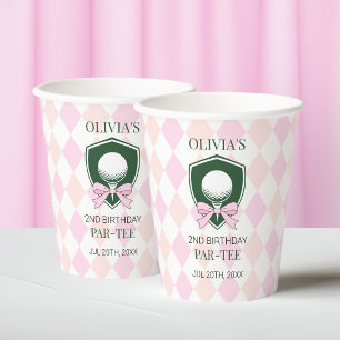 Pink Golf Cute Bow Girls 2nd Birthday Party Paper Cups