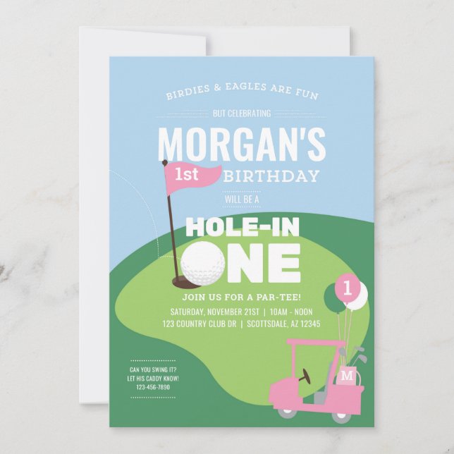 Pink Golf Hole in One Birthday Invitation (Front)