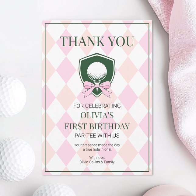 Pink Golf Modern Hole In One Girls 1st Birthday Thank You Card (Pink Golf Modern Hole In One Girls 1st Birthday Thank You Card)