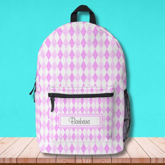 Pink Golf Themed Argyle Pattern Personalized  Printed Backpack (Creator Uploaded)