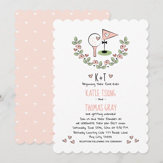 Pink Golf Themed Floral and Hearts Wedding Invitation (Front/Back)
