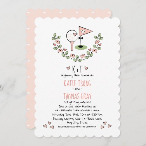 Pink Golf Themed Floral and Hearts Wedding Invitation